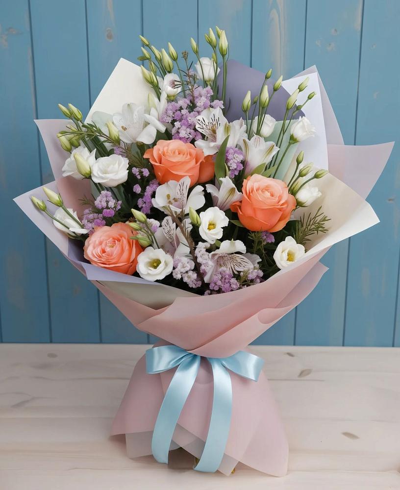 Букет цветов из: Лизиантусы, Розы, Альстромерии и Гипсофила в Куликово