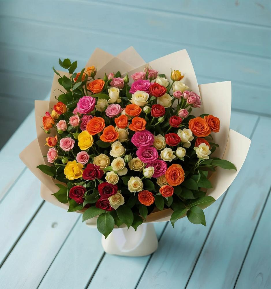 Букет Микс из разноцветных кустовых роз в Куликово