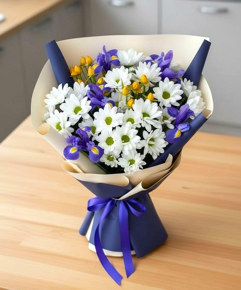 Букет цветов из: Розы, Ирисы и Хризантемы в Куликово